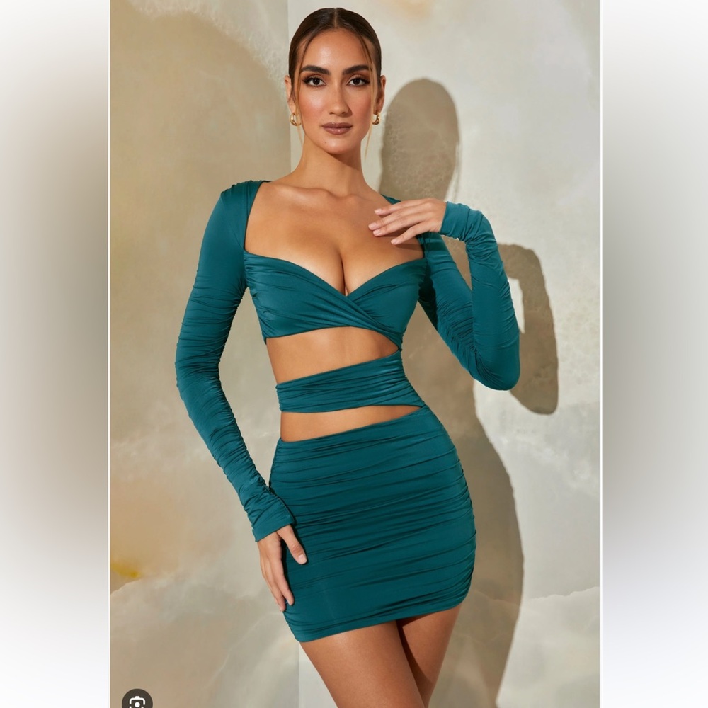 OHPOLLY LONG SLEEVE CUT OUT MINI DRESS IN TEAL